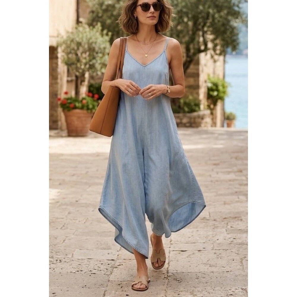 Vince Camuto Blue Chambray Lyocell Wide Leg Jumpsuit Handkerchief Hem Womens L